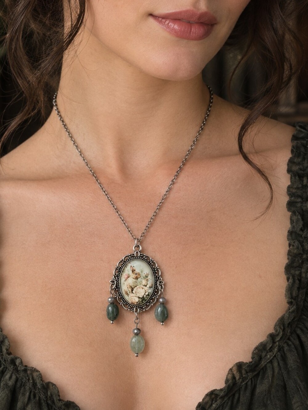 Handcrafted Vintage Inspired Rabbit Cameo Ornate Filigree Necklace